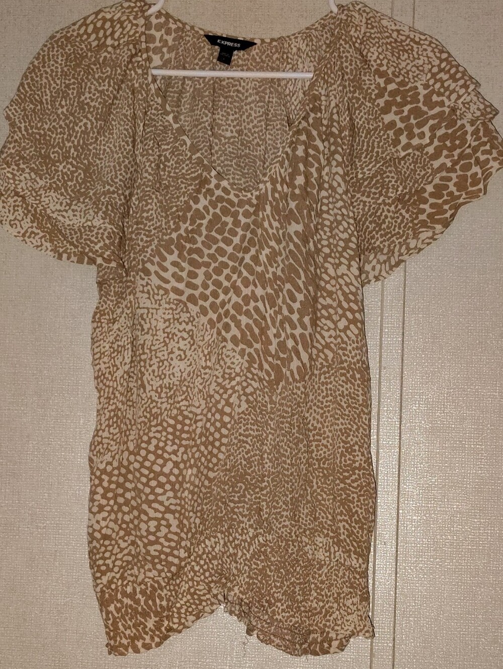 Express Tan and White Printed V-Neck Blouse